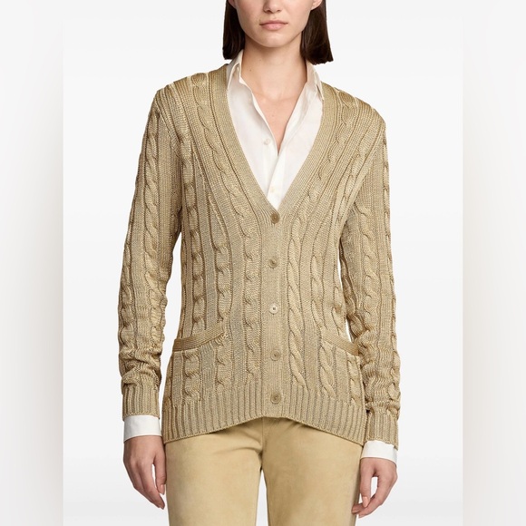 RALPH LAUREN COLLECTION BROWN SILK CABLE KNIT CARDIGAN - Picture 3 of 11